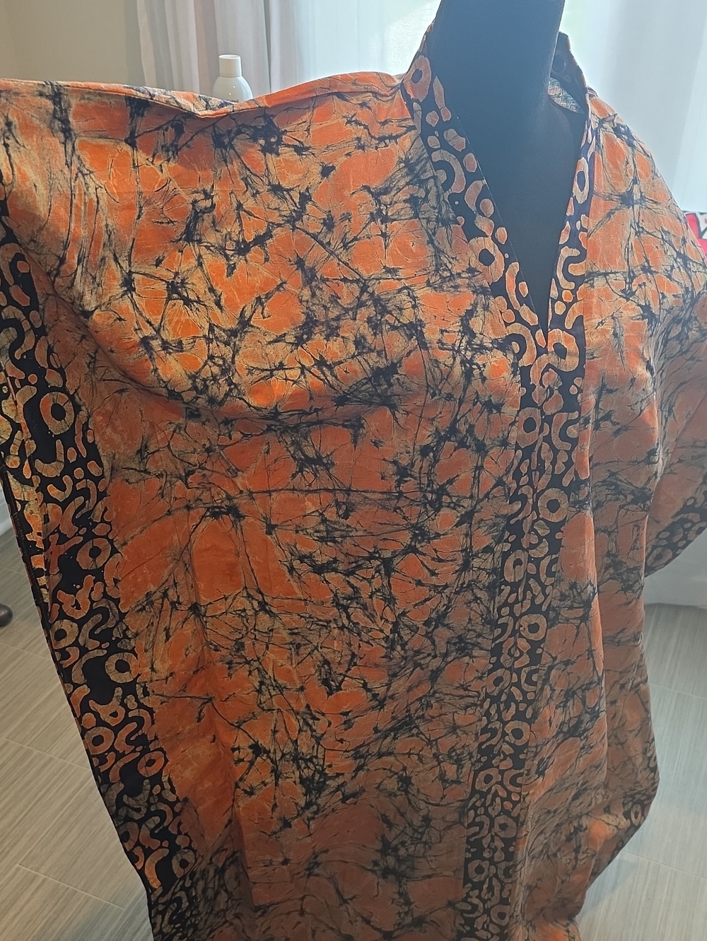 Handmade Batik Kaftan Maxi Dress | Free Size | Orange & Black Boho Resort Wear